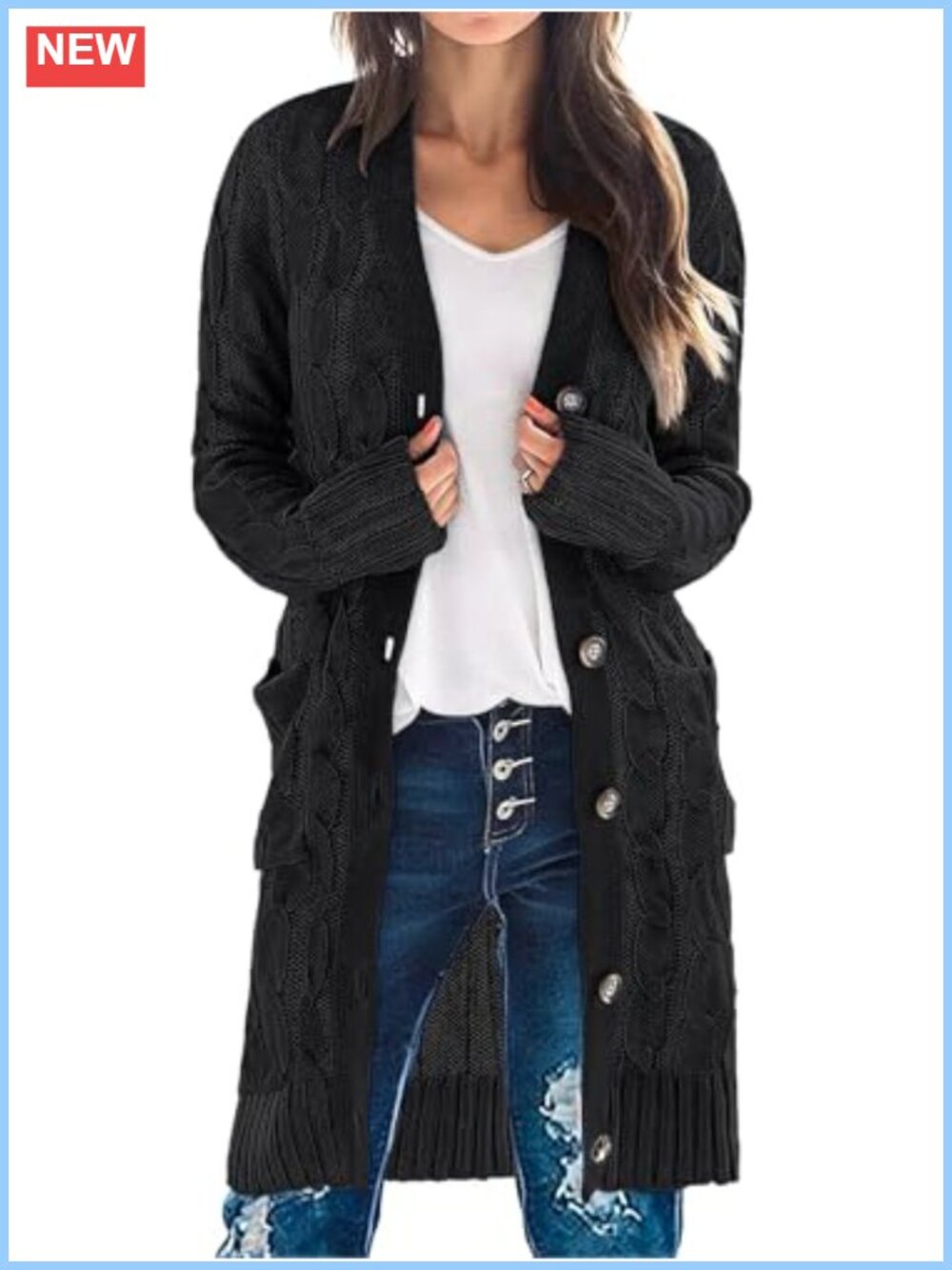 Cable Knit Button Long Cardigan Sweater Loose Boyfriend Fit Pockets